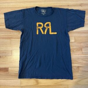 Ralph Lauren RRL Ranch Logo Shirt Navy Blue SMALL Worn Distressed Faded Letters